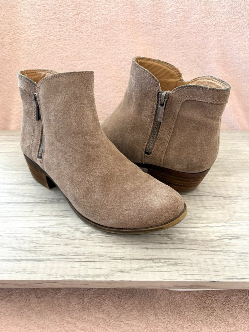 Lucky Brand Breah Double Zipper Low 2" Stacked Heel Brown Suede Ankle Boot 7